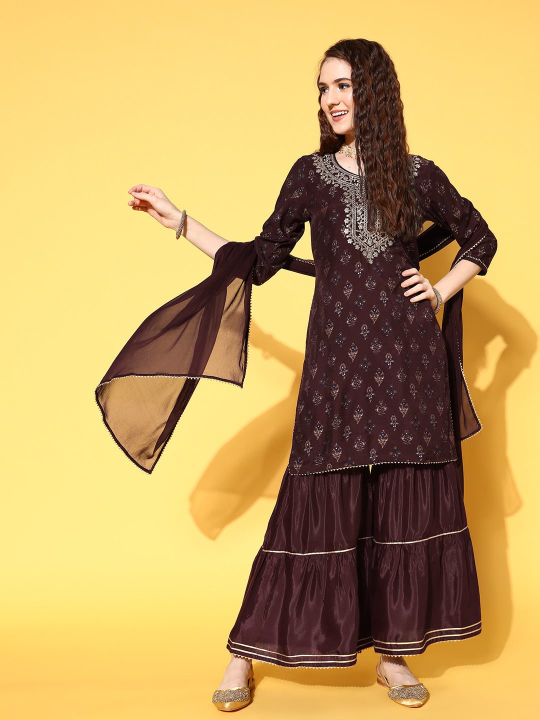 Sunehri Women's Silk Blend Burgundy Embroidered A-Line Kurta Sharara Dupatta Set
