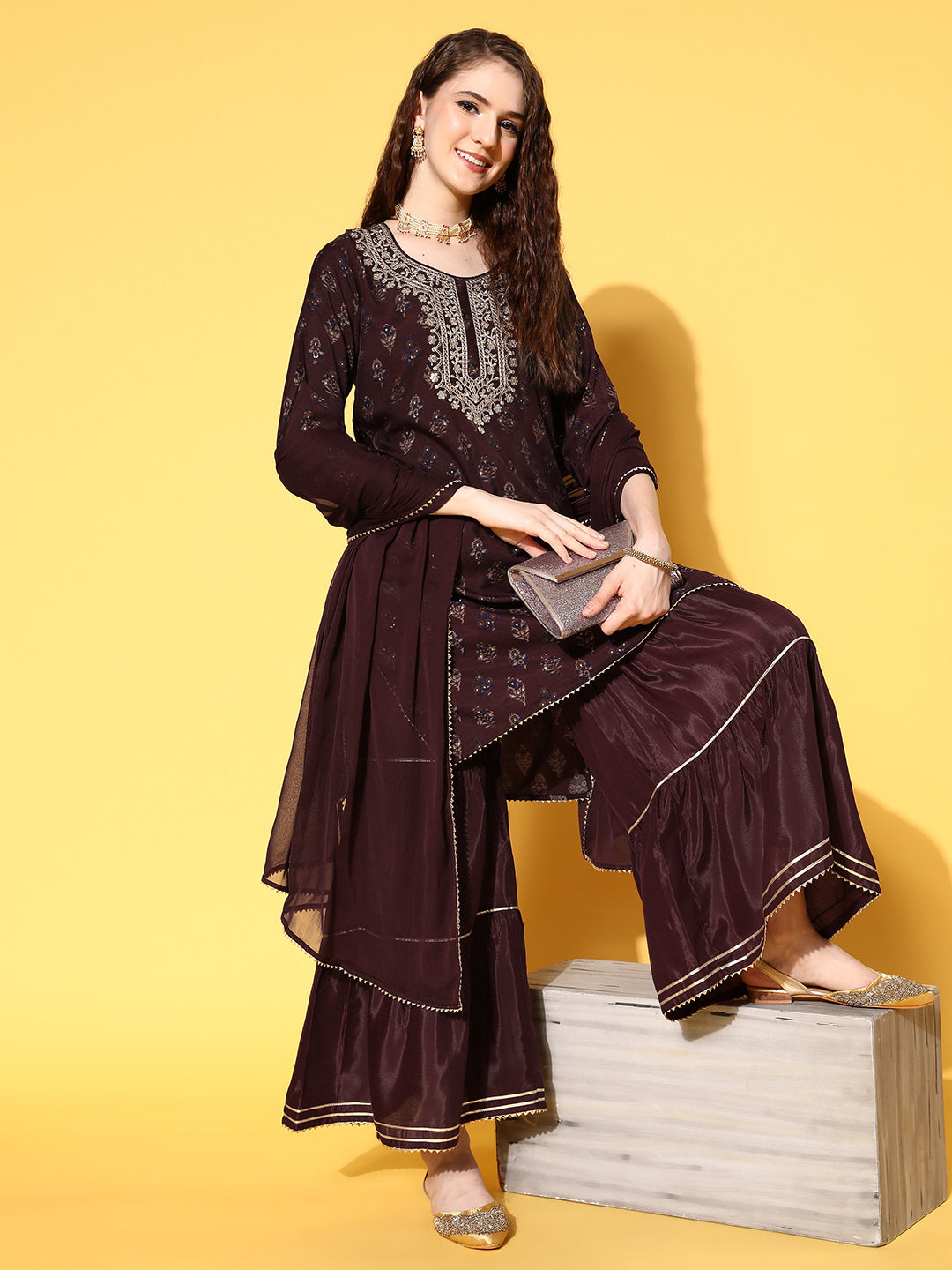 Sunehri Women's Silk Blend Burgundy Embroidered A-Line Kurta Sharara Dupatta Set