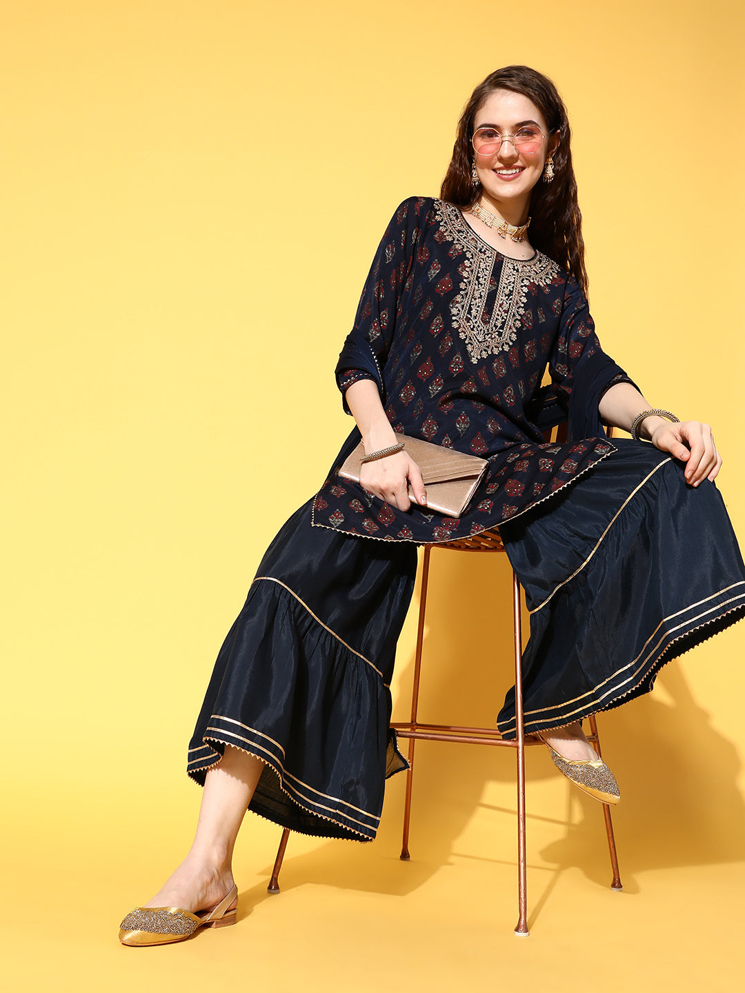 Sunehri Women's Silk Blend Navy Blue Embroidered A-Line Kurta Sharara Dupatta Set