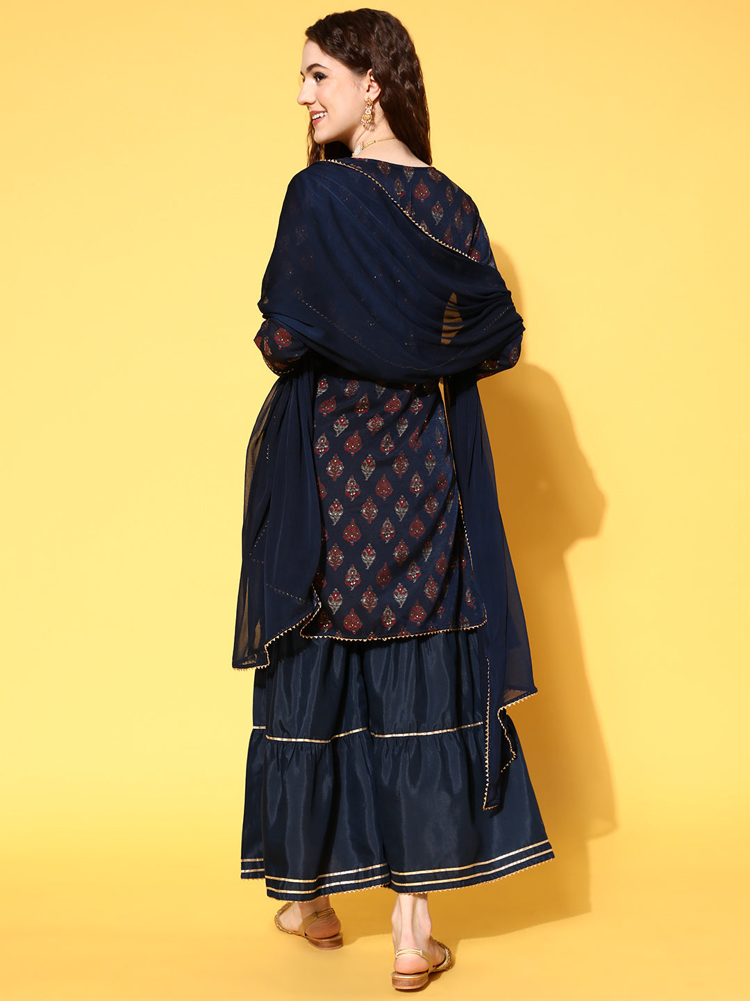 Sunehri Women's Silk Blend Navy Blue Embroidered A-Line Kurta Sharara Dupatta Set
