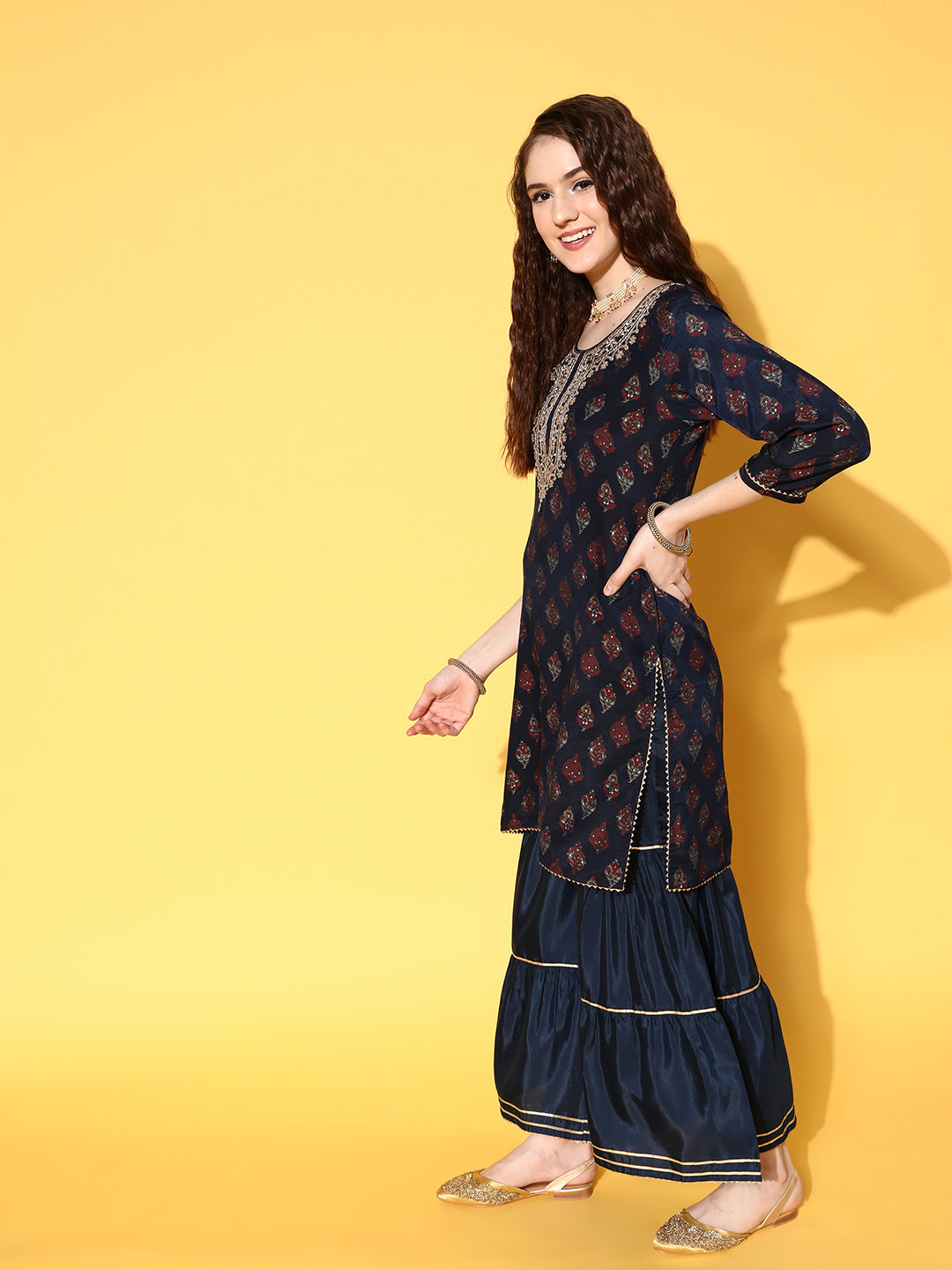 Sunehri Women's Silk Blend Navy Blue Embroidered A-Line Kurta Sharara Dupatta Set