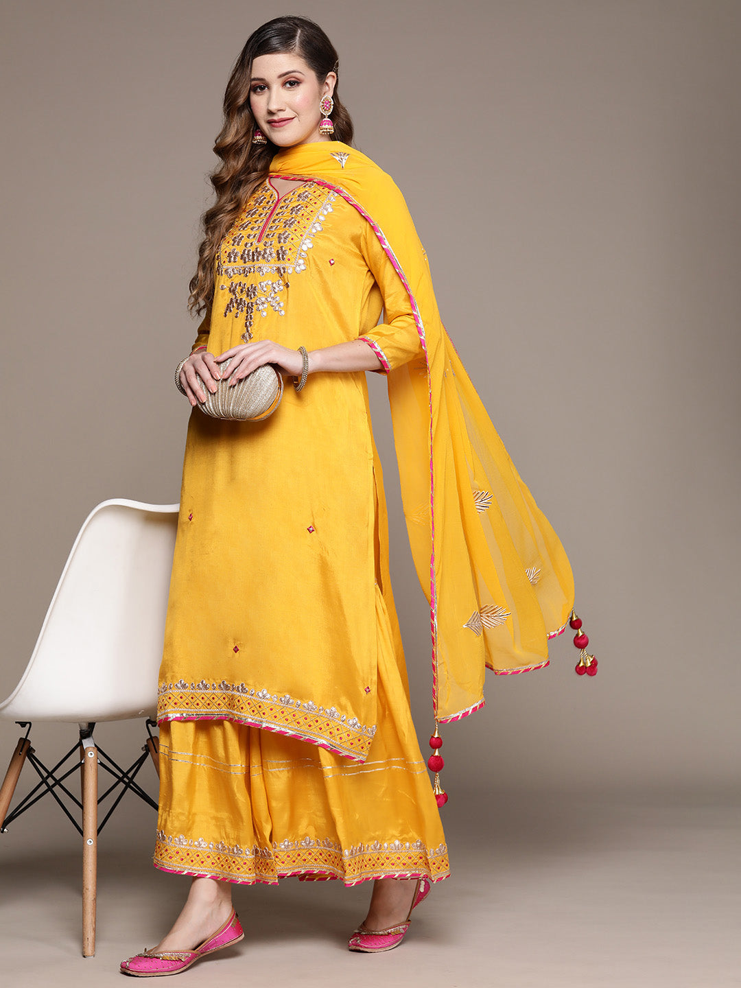 Ishin Women's Yellow Embroidered A-Line Kurta with Sharara & Dupatta