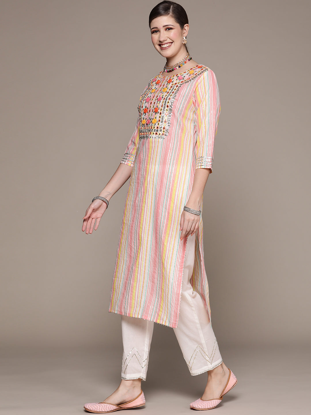 Ishin Women's Multicolor Embroidered A-Line Kurta with Trouser & Dupatta