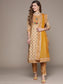 Ishin Women's Mustard Yoke Design A-Line Kurta with Trouser & Dupatta
