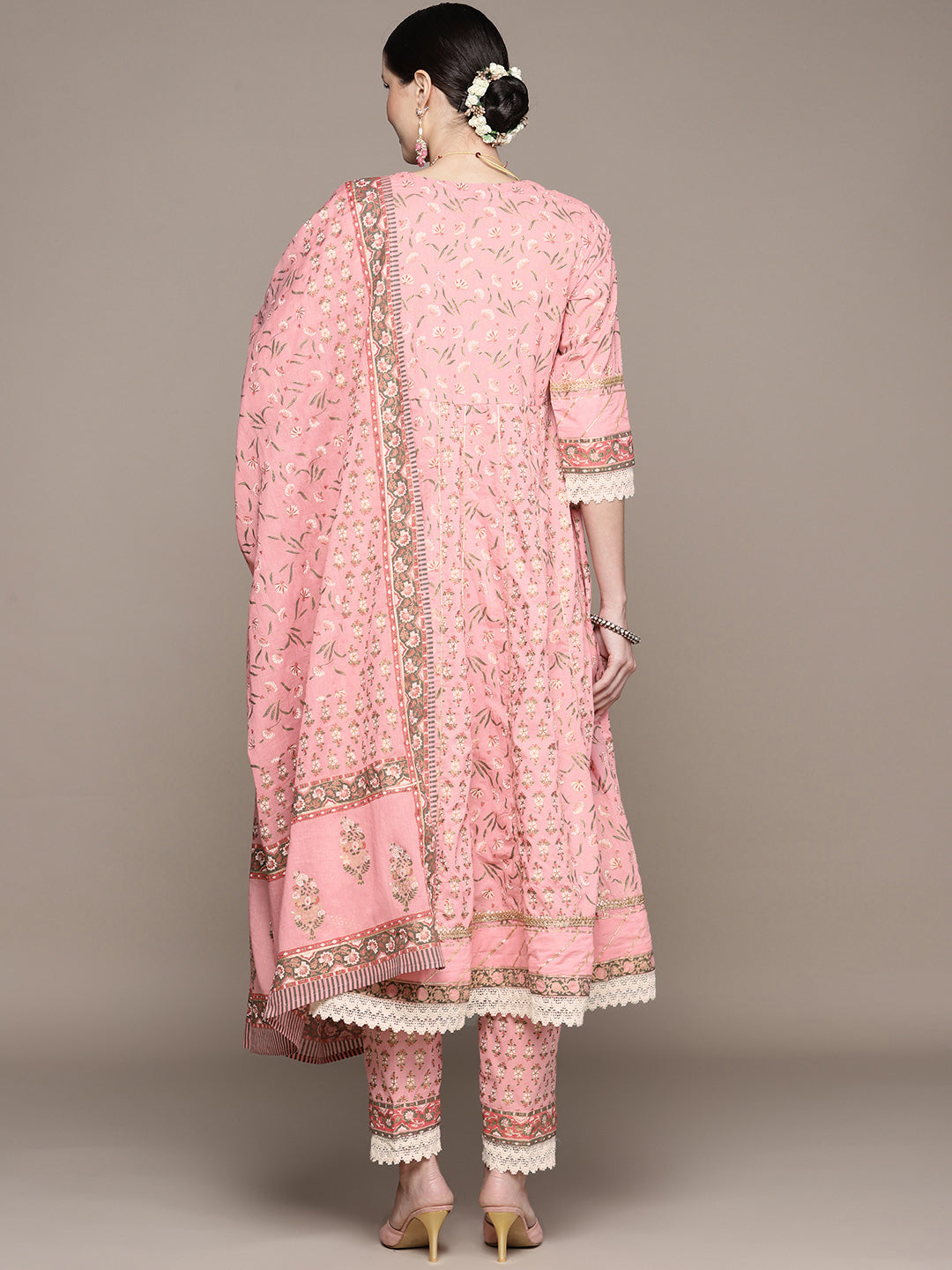 Ishin Women's Pink Zari Embroidered Anarkali Kurta with Trouser & Dupatta