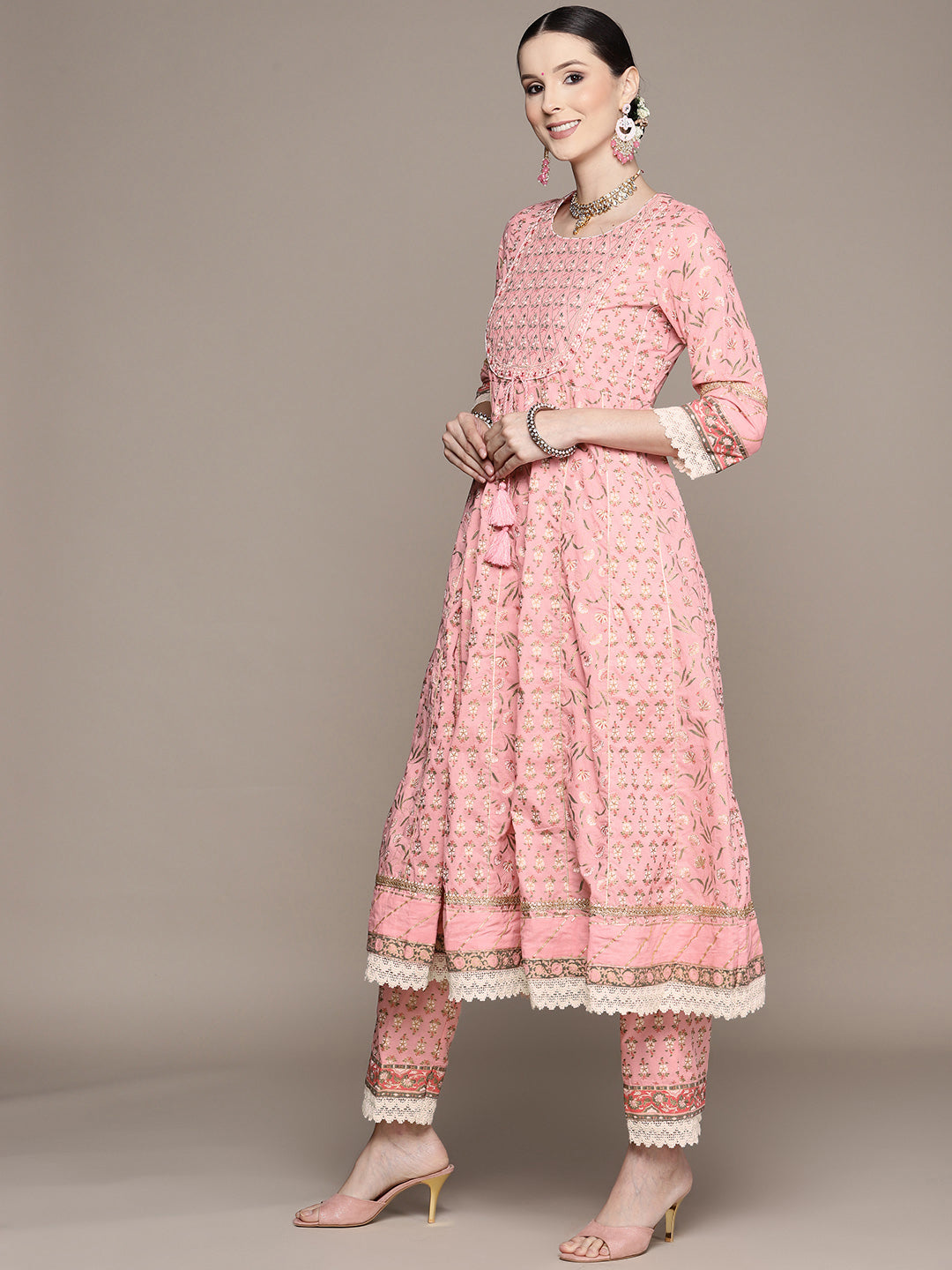 Ishin Women's Pink Zari Embroidered Anarkali Kurta with Trouser & Dupatta