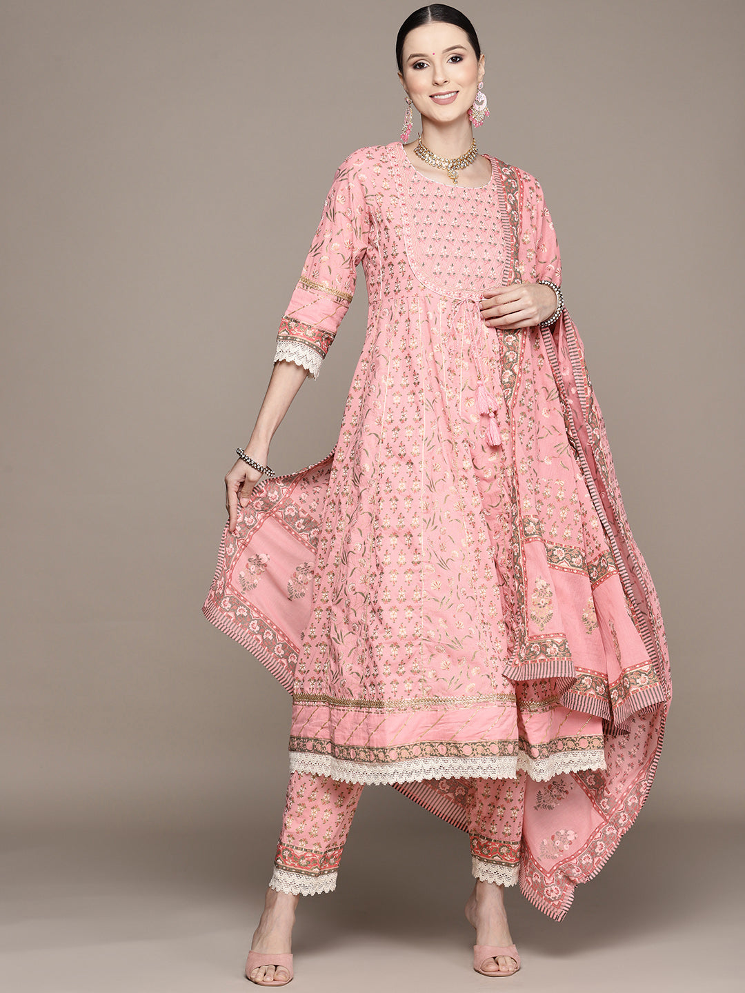 Ishin Women's Pink Zari Embroidered Anarkali Kurta with Trouser & Dupatta
