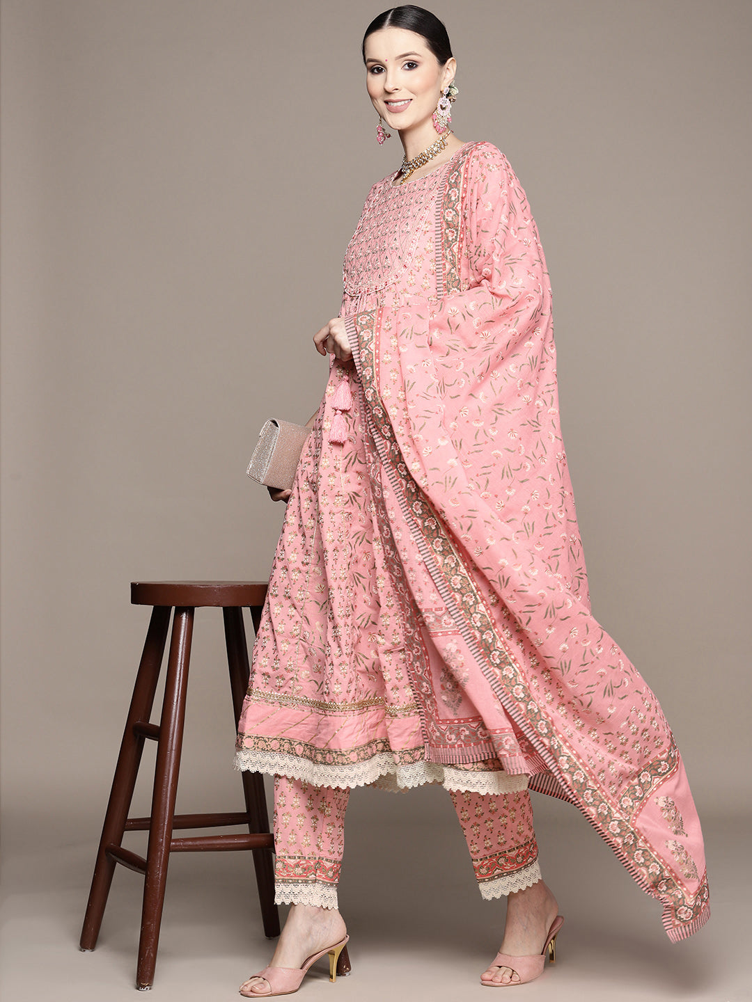 Ishin Women's Pink Zari Embroidered Anarkali Kurta with Trouser & Dupatta