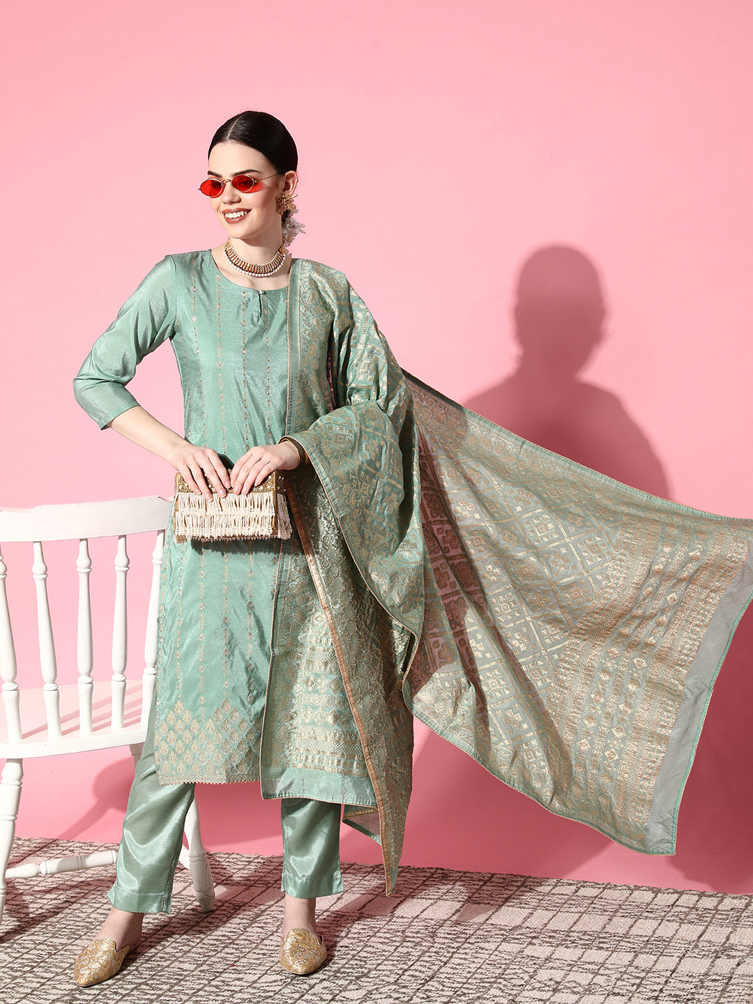 Ishin Women's Brocade Green Woven Design A-Line Kurta Trouser Dupatta Set