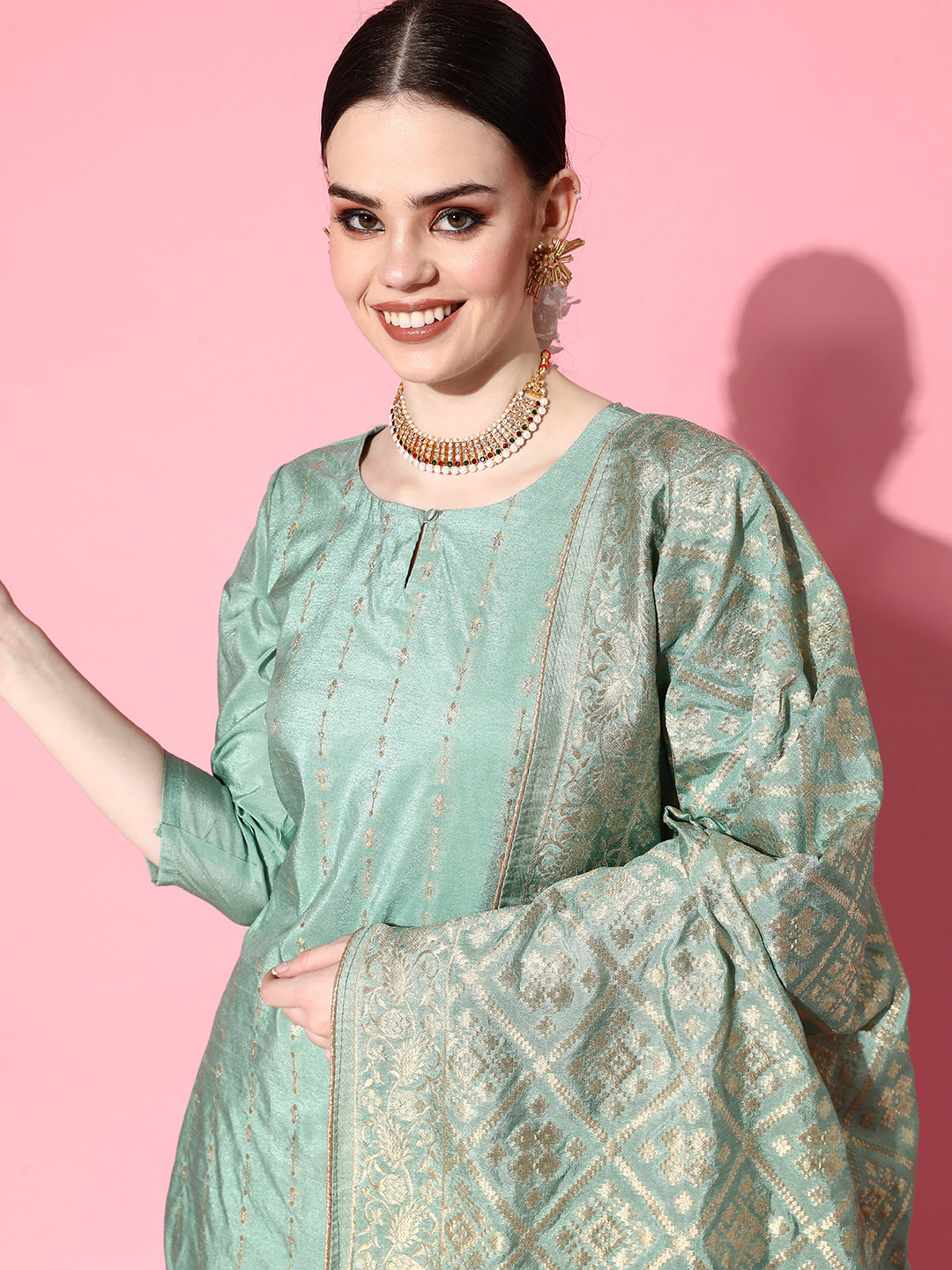Ishin Women's Brocade Green Woven Design A-Line Kurta Trouser Dupatta Set