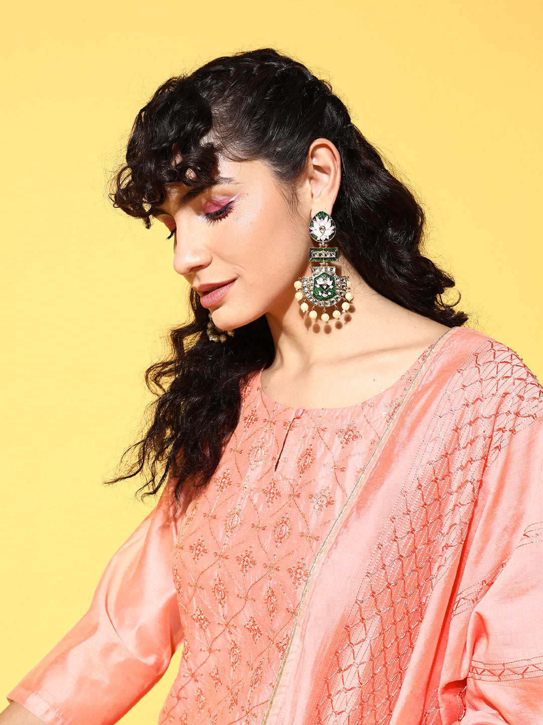 Ishin Women's Chanderi Silk Peach Embellished A-Line Kurta Trouser Dupatta Set