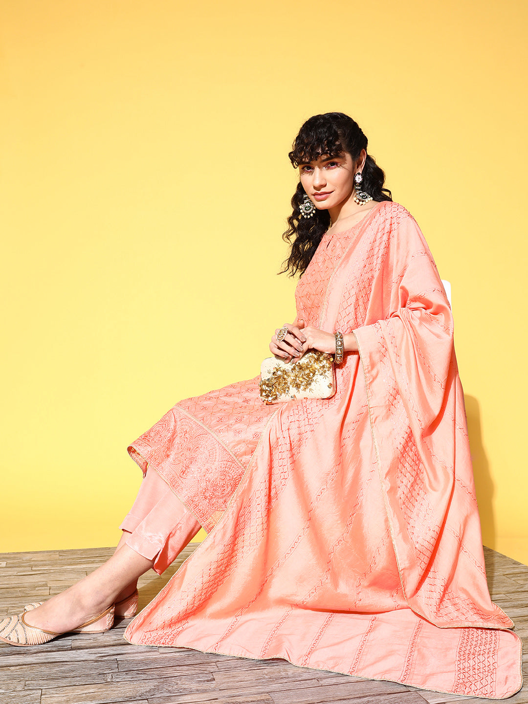 Ishin Women's Chanderi Silk Peach Embellished A-Line Kurta Trouser Dupatta Set