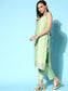 Sunehri Women's Cotton Blend Green Embellished A-Line Kurta Trouser Dupatta Set