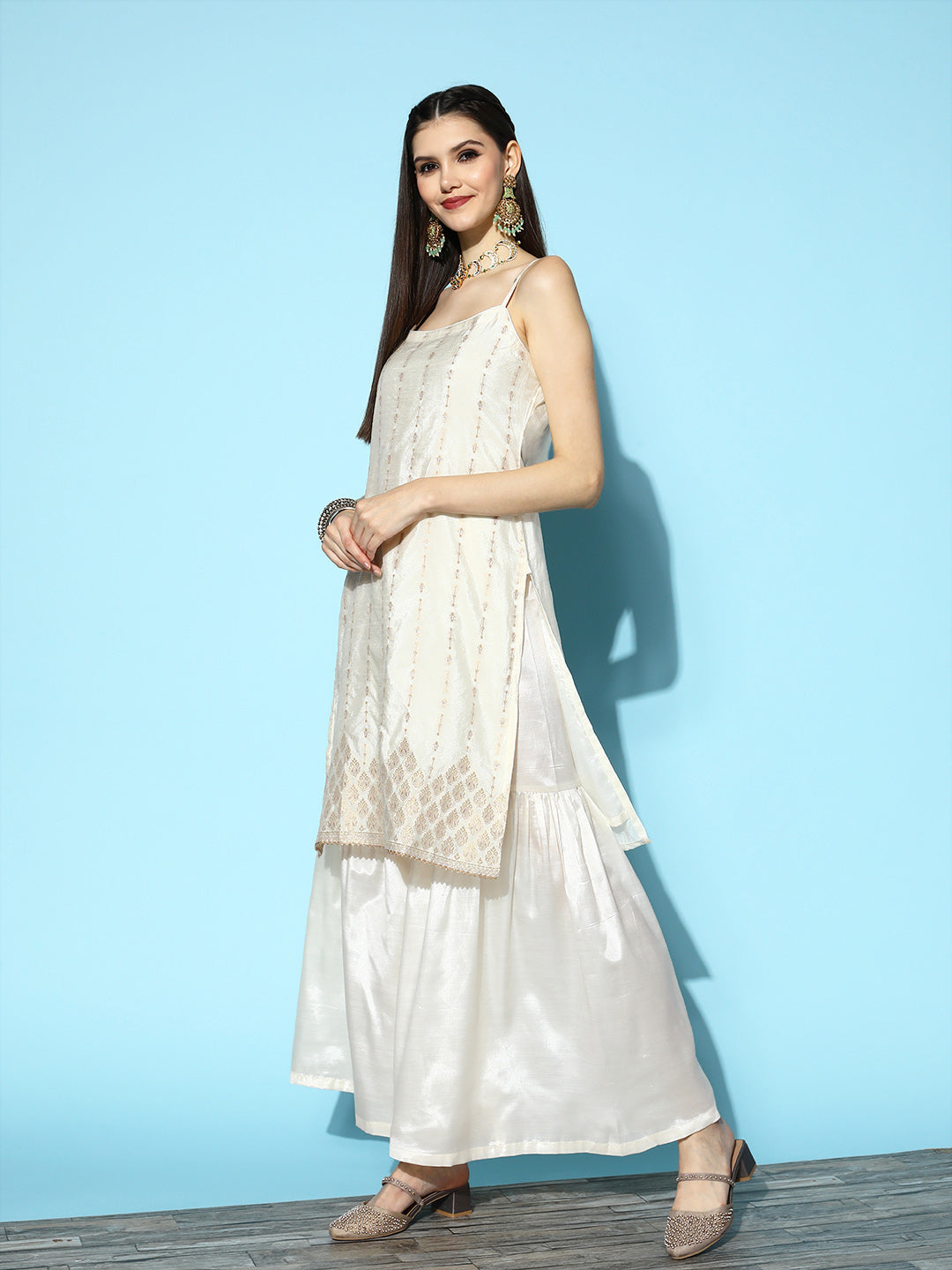 Sunehri Women's Silk Blend Off White Woven Design Kurta Sharara Dupatta Set