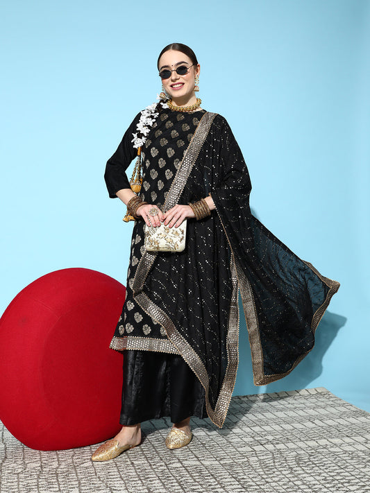 Ishin Women's Chanderi Silk Black Woven Design A-Line Kurta Sharara Dupatta Set