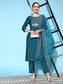 Ishin Women's Silk Blend Teal Embroidered A-Line Kurta Trouser Dupatta Set