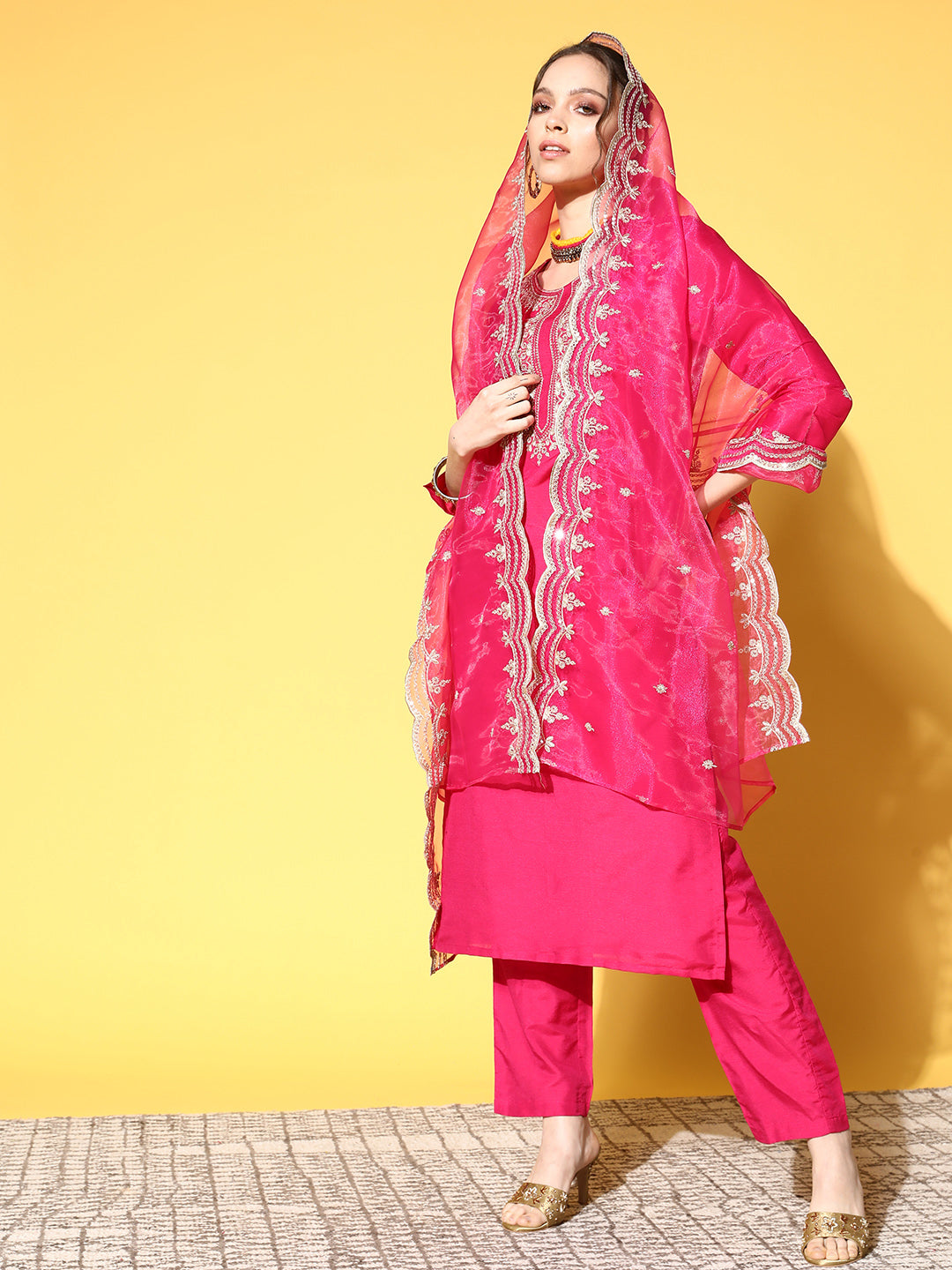 Ishin Women's Rayon Magenta Yoke Design A-Line Kurta Trouser Dupatta Set