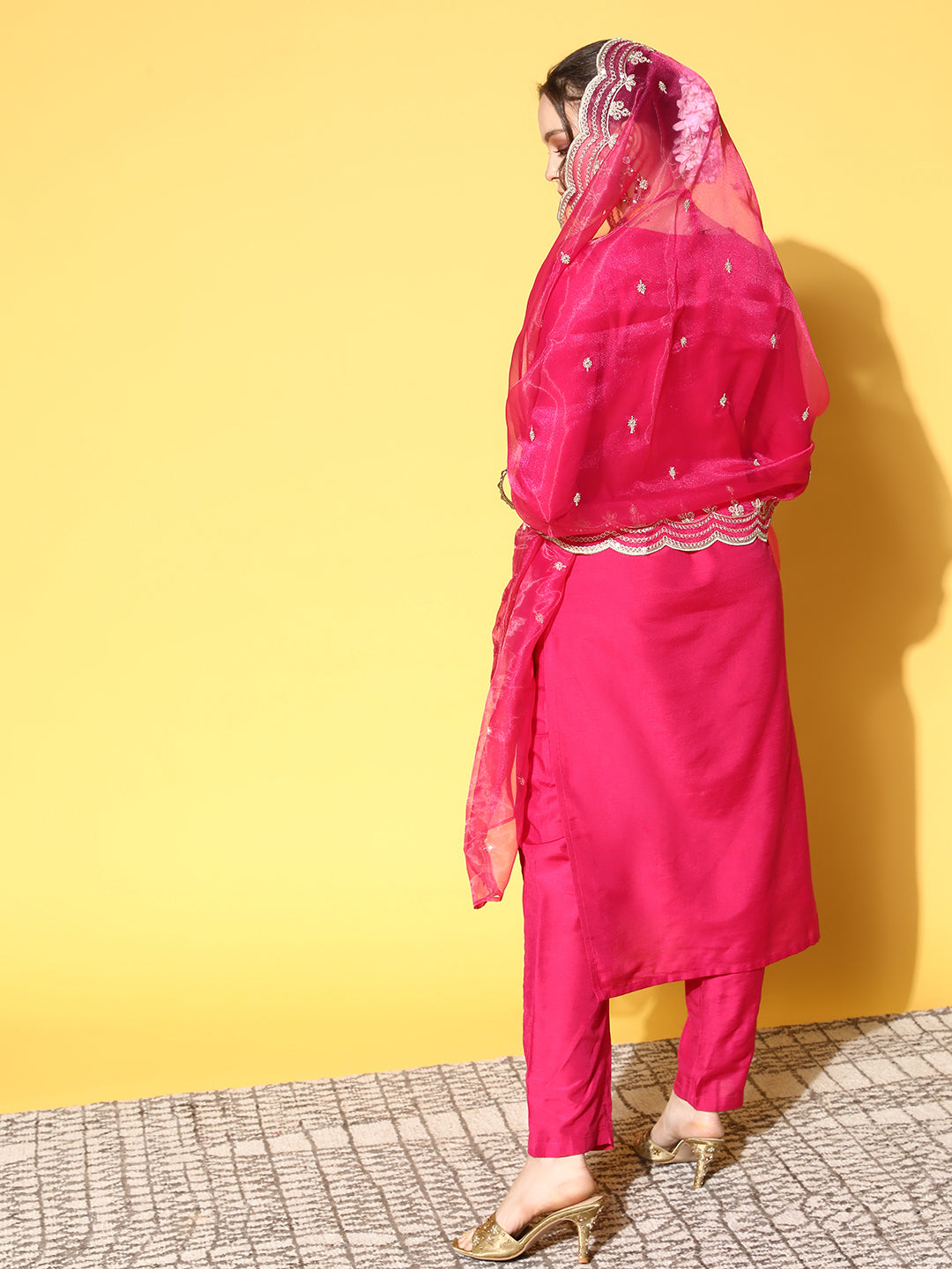 Ishin Women's Rayon Magenta Yoke Design A-Line Kurta Trouser Dupatta Set