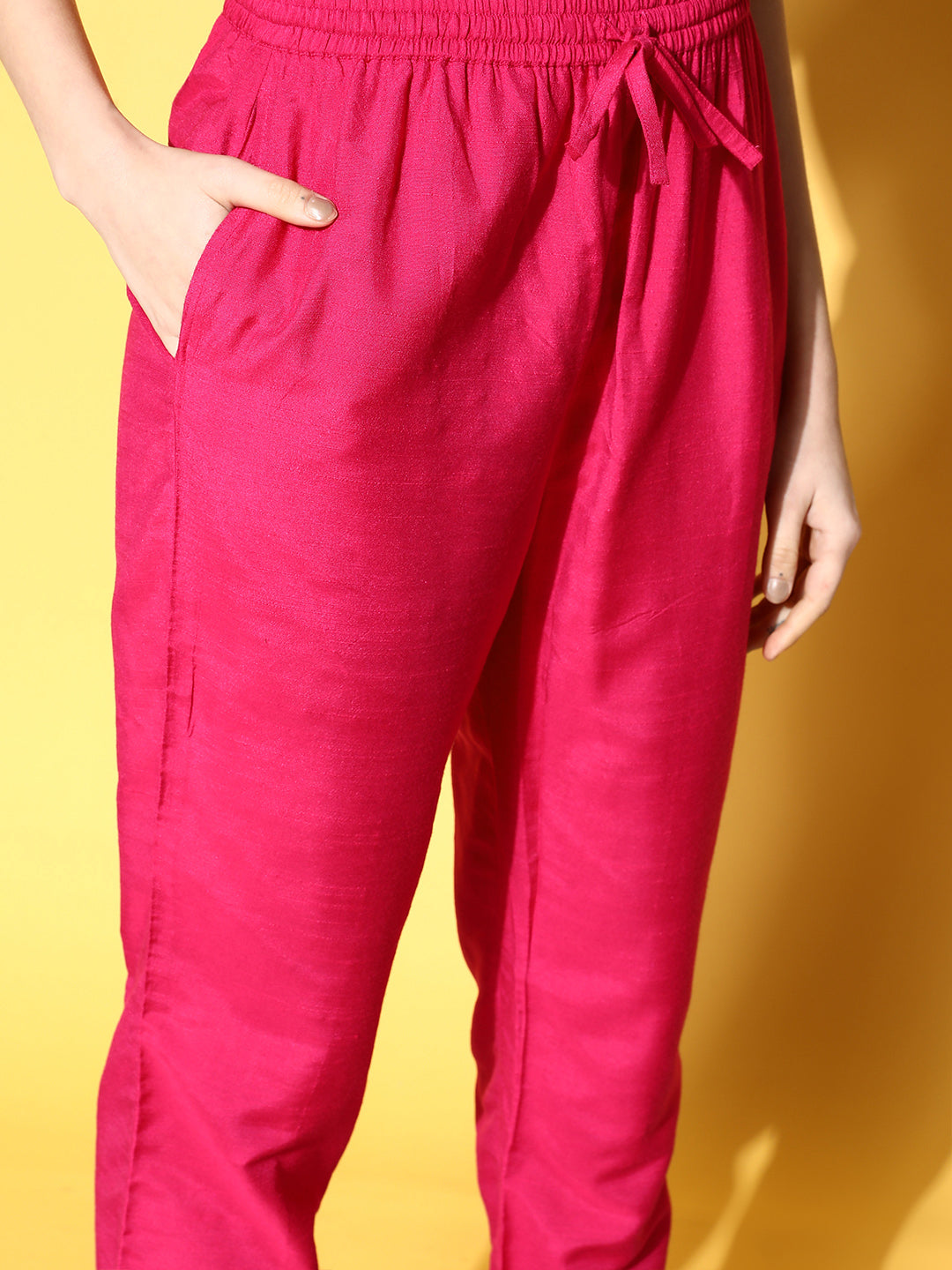Ishin Women's Rayon Magenta Yoke Design A-Line Kurta Trouser Dupatta Set