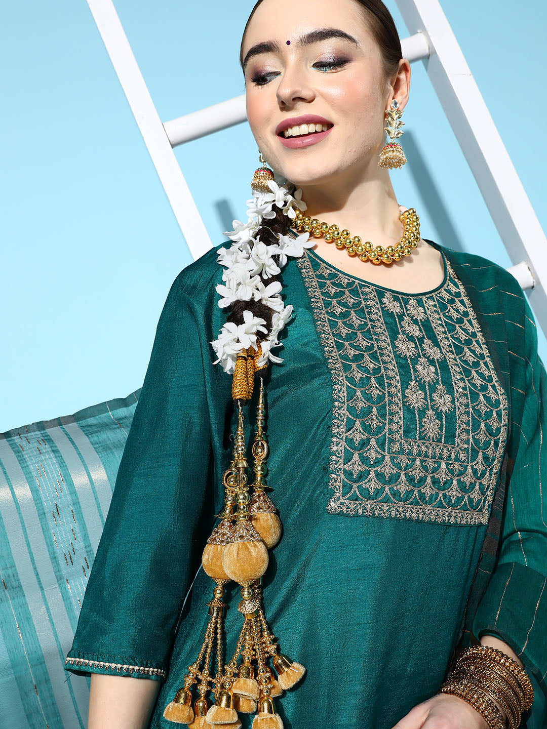 Ishin Women's Green Yoke Design A-Line Kurta with Toruser & Dupatta