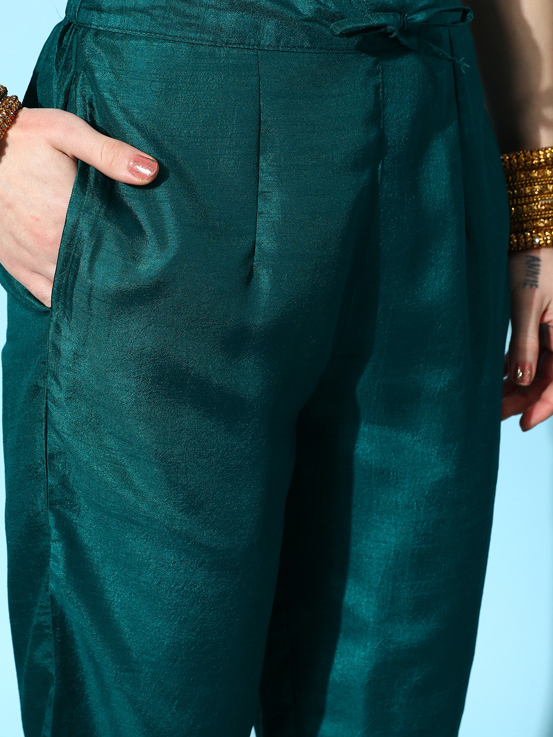 Ishin Women's Green Yoke Design A-Line Kurta with Toruser & Dupatta