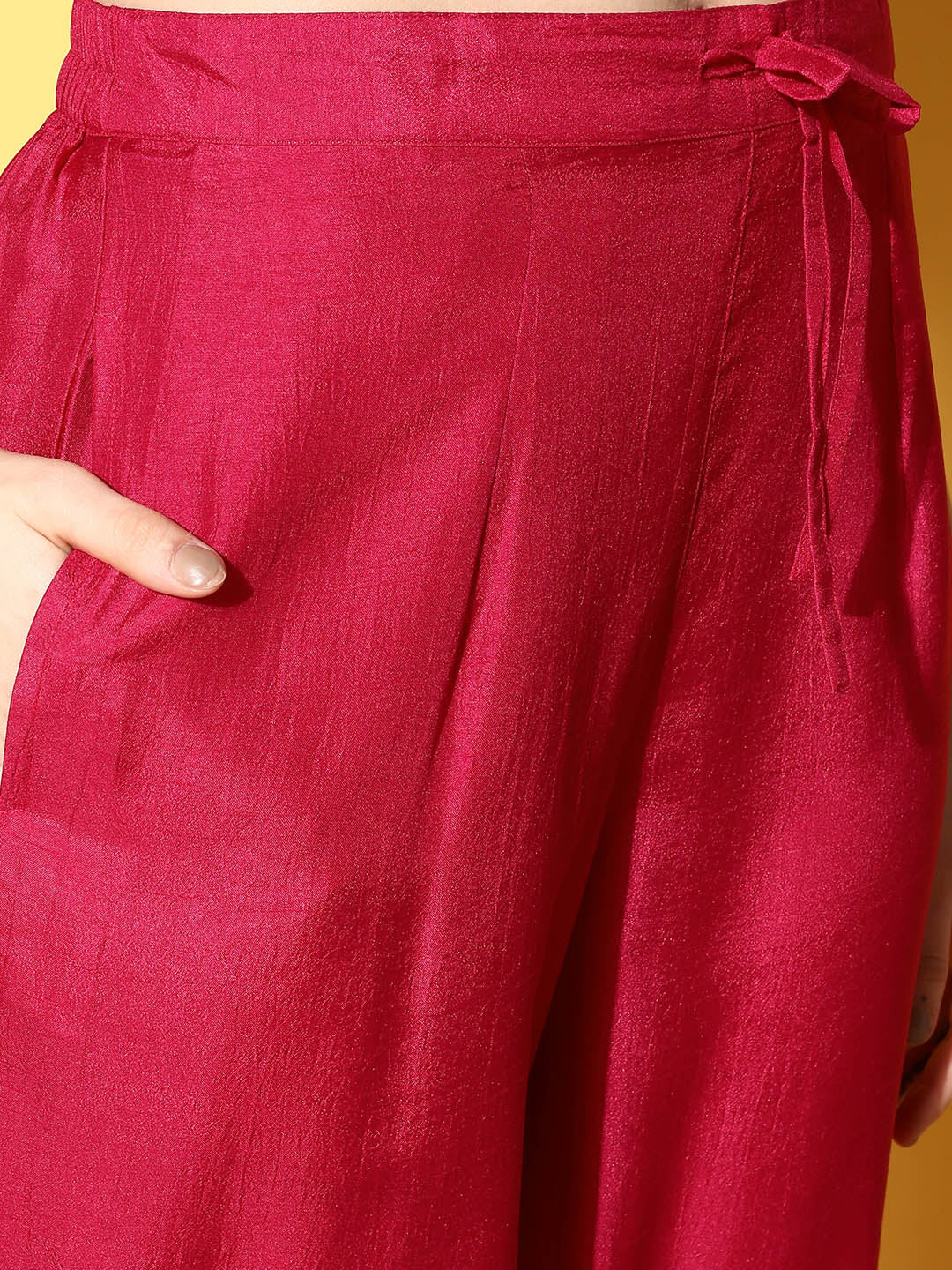 Ishin Women's Silk Blend Red Yoke Design A-Line Kurta Trouser Dupatta Set
