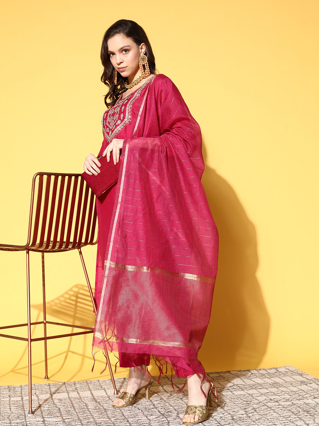 Ishin Women's Silk Blend Red Yoke Design A-Line Kurta Trouser Dupatta Set