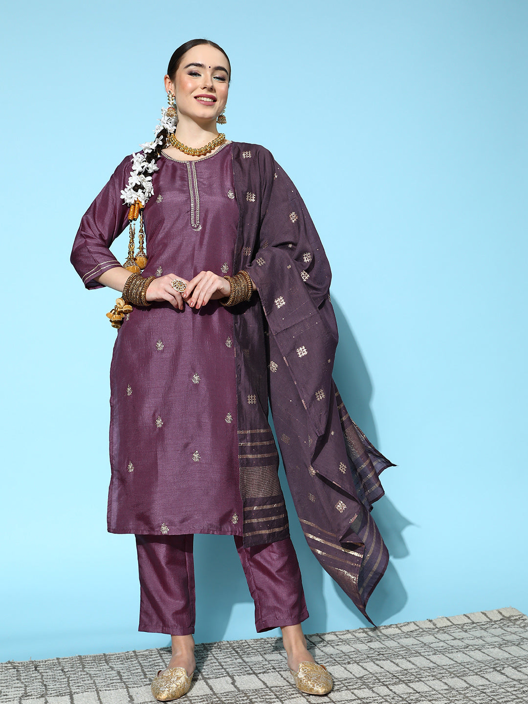 Ishin Women's Purple Embroidered A-Line Kurta with Toruser & Dupatta