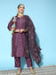 Ishin Women's Purple Embroidered A-Line Kurta with Toruser & Dupatta