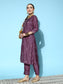 Ishin Women's Purple Embroidered A-Line Kurta with Toruser & Dupatta