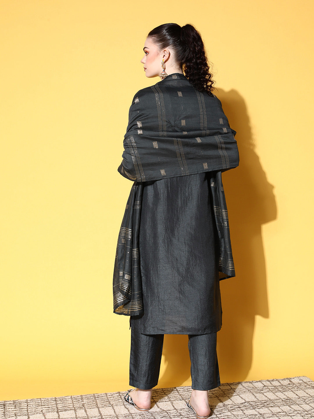 Ishin Women's Silk Blend Grey Yoke Design A-Line Kurta Trouser Dupatta Set