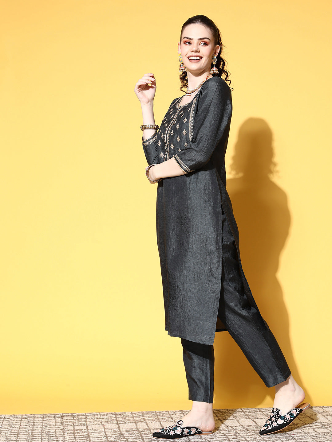 Ishin Women's Silk Blend Grey Yoke Design A-Line Kurta Trouser Dupatta Set