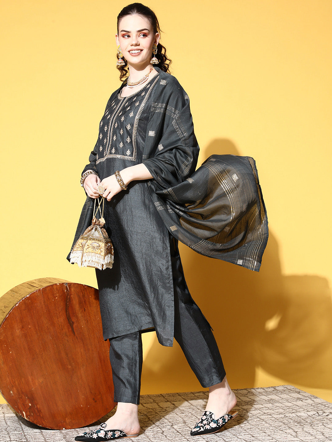 Ishin Women's Silk Blend Grey Yoke Design A-Line Kurta Trouser Dupatta Set