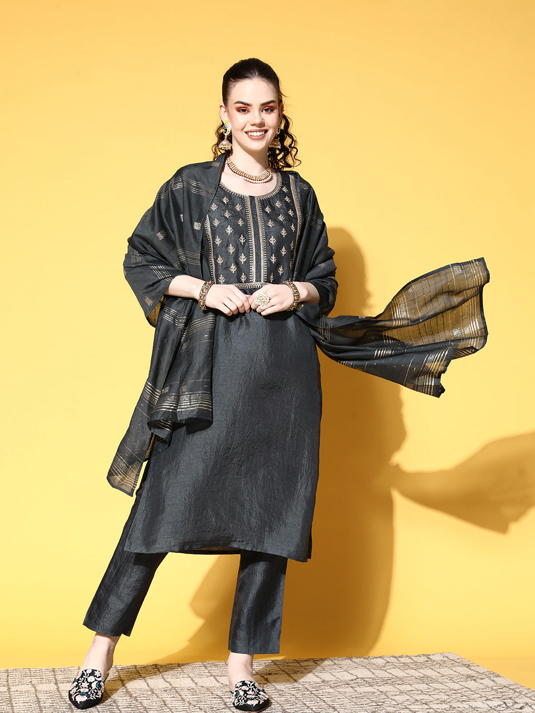 Ishin Women's Silk Blend Grey Yoke Design A-Line Kurta Trouser Dupatta Set