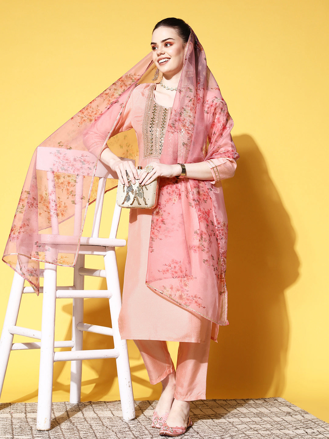 Ishin Women's Silk Blend Peach Yoke Design A-Line Kurta Trouser Dupatta Set
