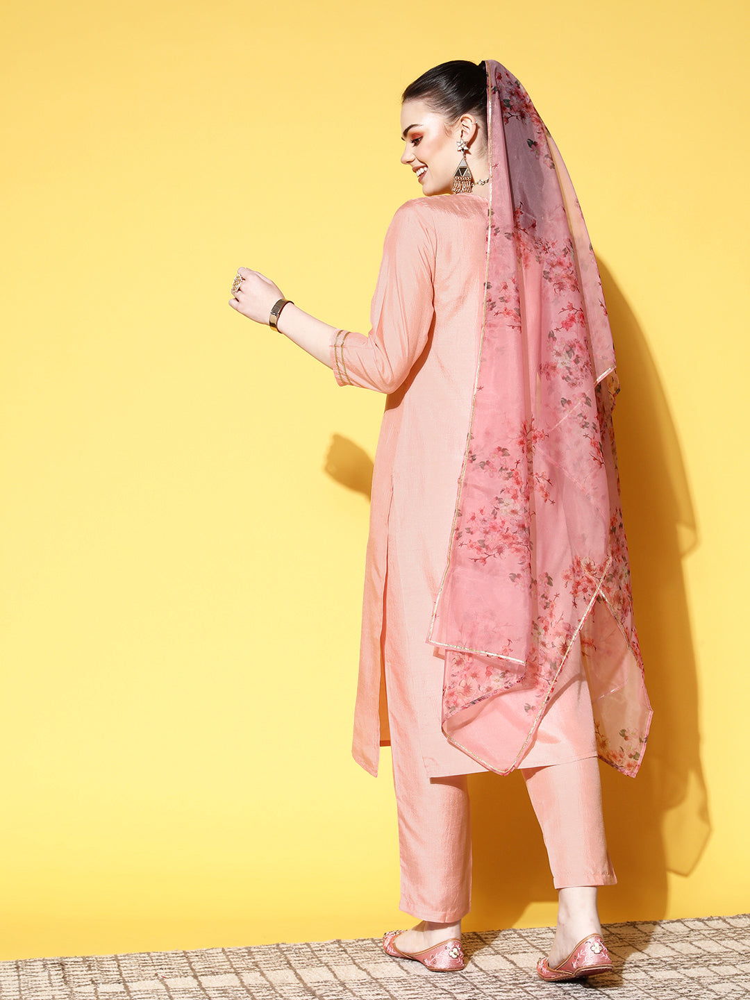 Ishin Women's Silk Blend Peach Yoke Design A-Line Kurta Trouser Dupatta Set
