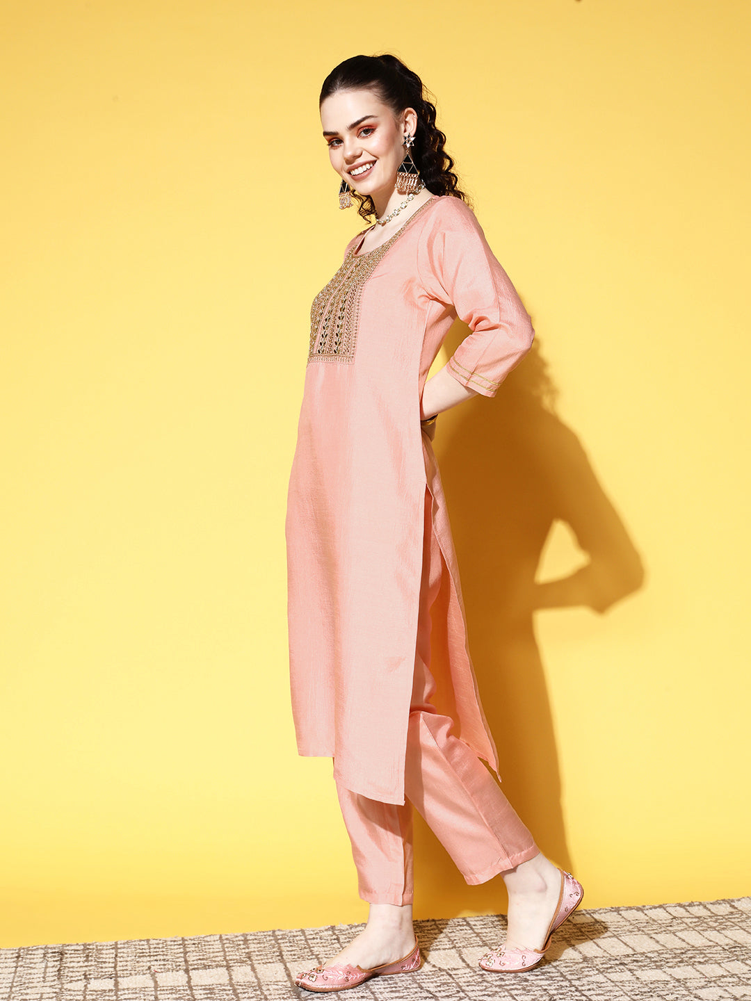 Ishin Women's Silk Blend Peach Yoke Design A-Line Kurta Trouser Dupatta Set