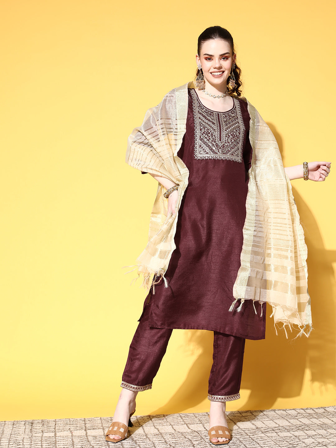 Ishin Women's Silk Blend Burgundy Yoke Design A-Line Kurta Trouser Dupatta Set