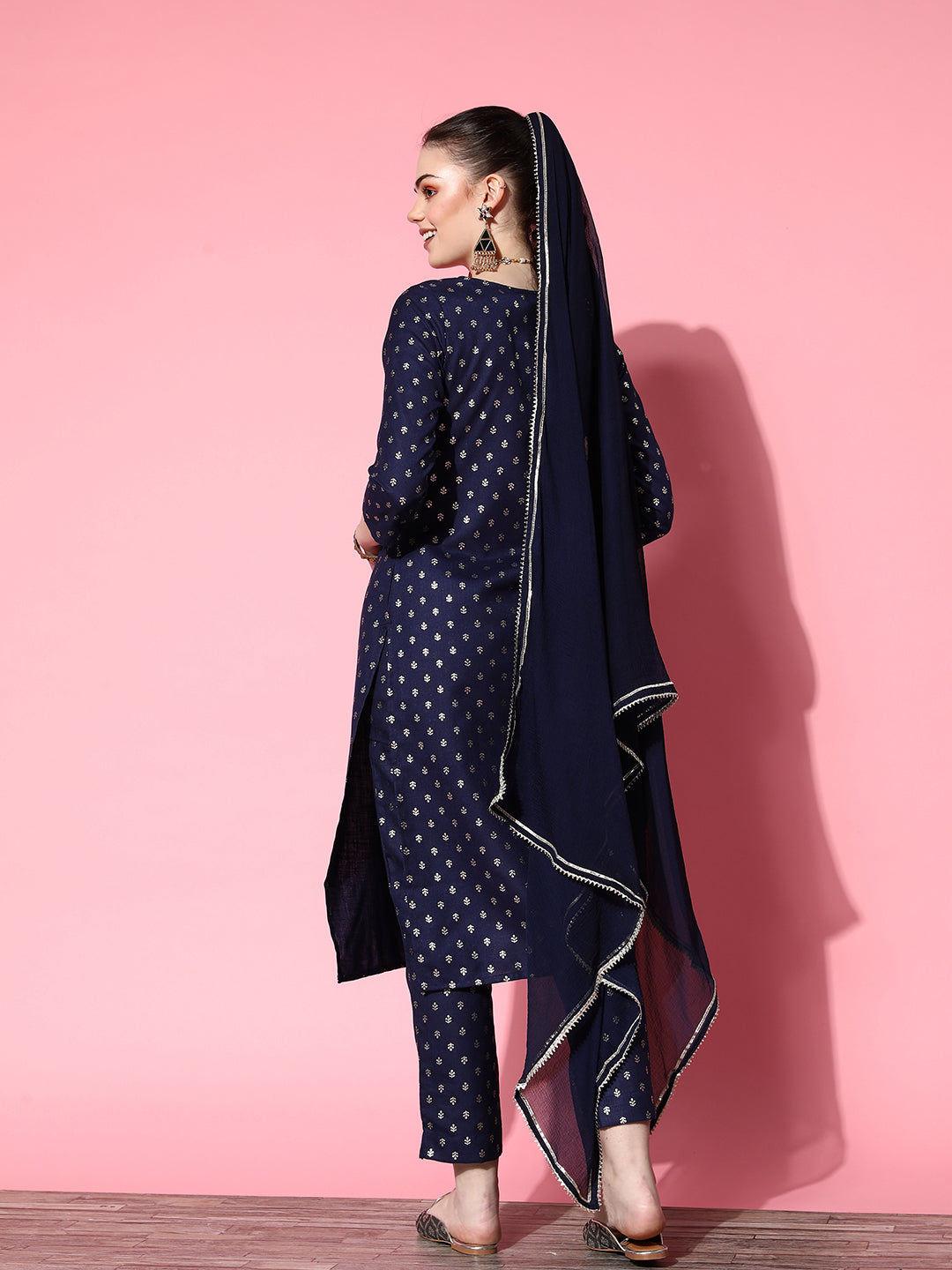 Ishin Women's Cotton Blend Navy Blue Yoke Design A-Line Kurta Trouser Dupatta Set