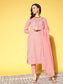 Ishin Women's Cotton Blend Pink Yoke Design A-Line Kurta Trouser Dupatta Set