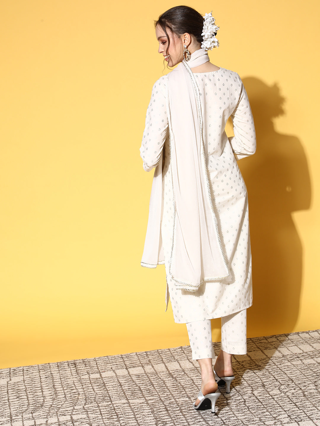 Ishin Women's Cotton Blend Off White Yoke Design A-Line Kurta Trouser Dupatta Set