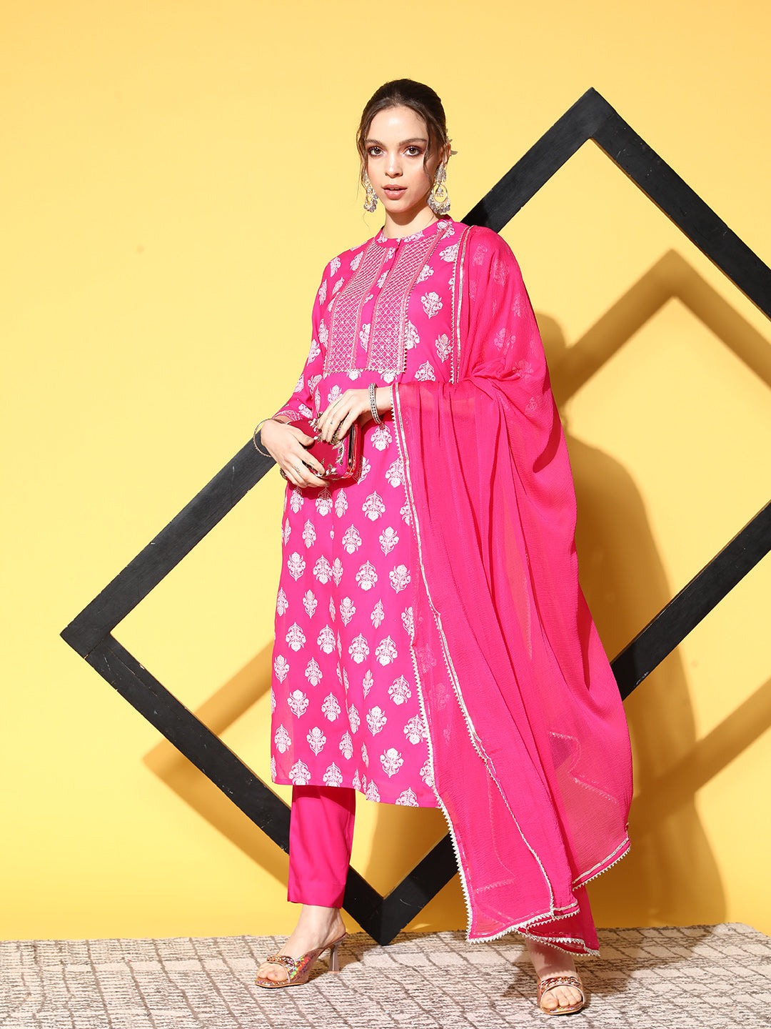 Ishin Women's Cotton Pink Embroidered A-Line Kurta Trouser Dupatta Set