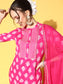Ishin Women's Cotton Pink Embroidered A-Line Kurta Trouser Dupatta Set