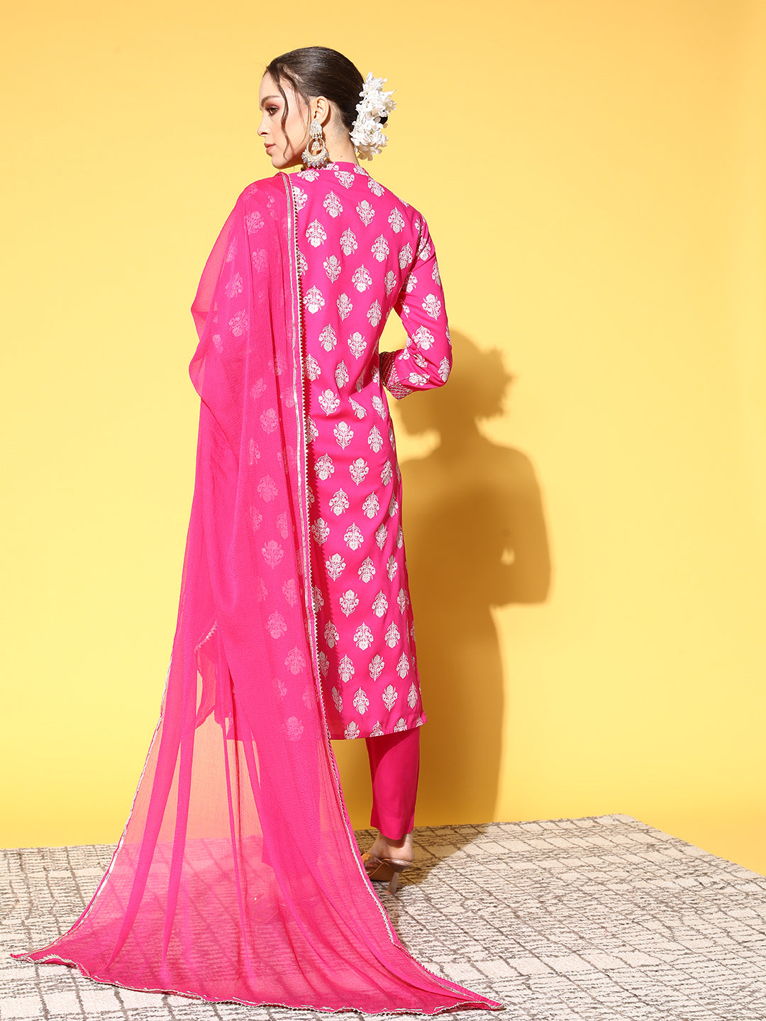 Ishin Women's Cotton Pink Embroidered A-Line Kurta Trouser Dupatta Set