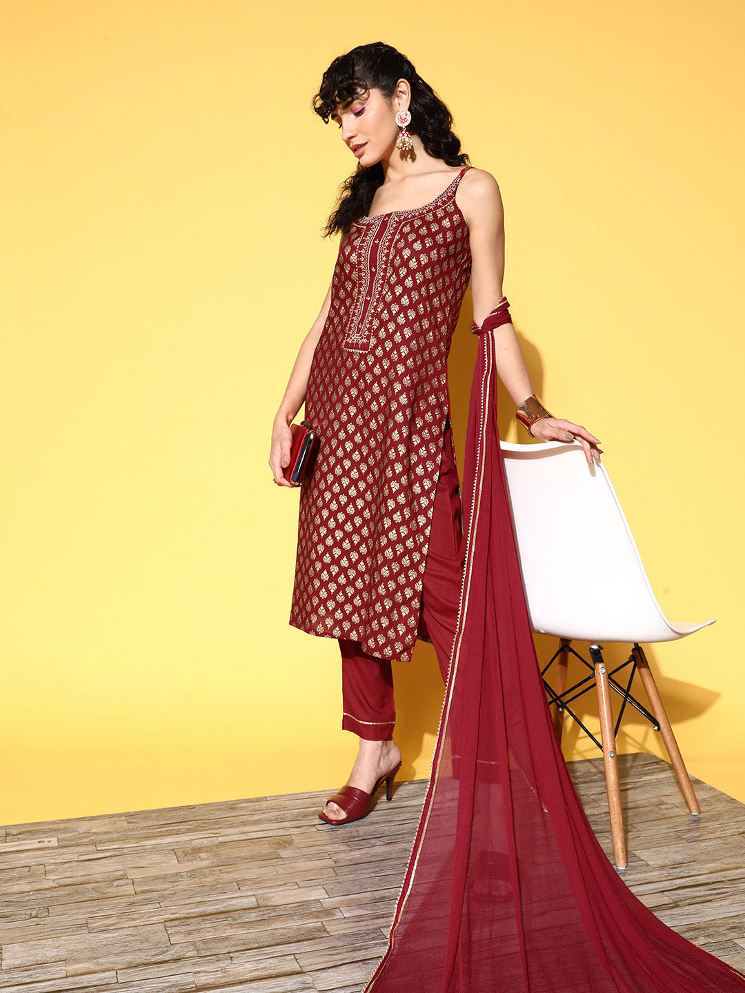 Ishin Women's Rayon Maroon Foil Printed A-Line Kurta Trouser Dupatta Set