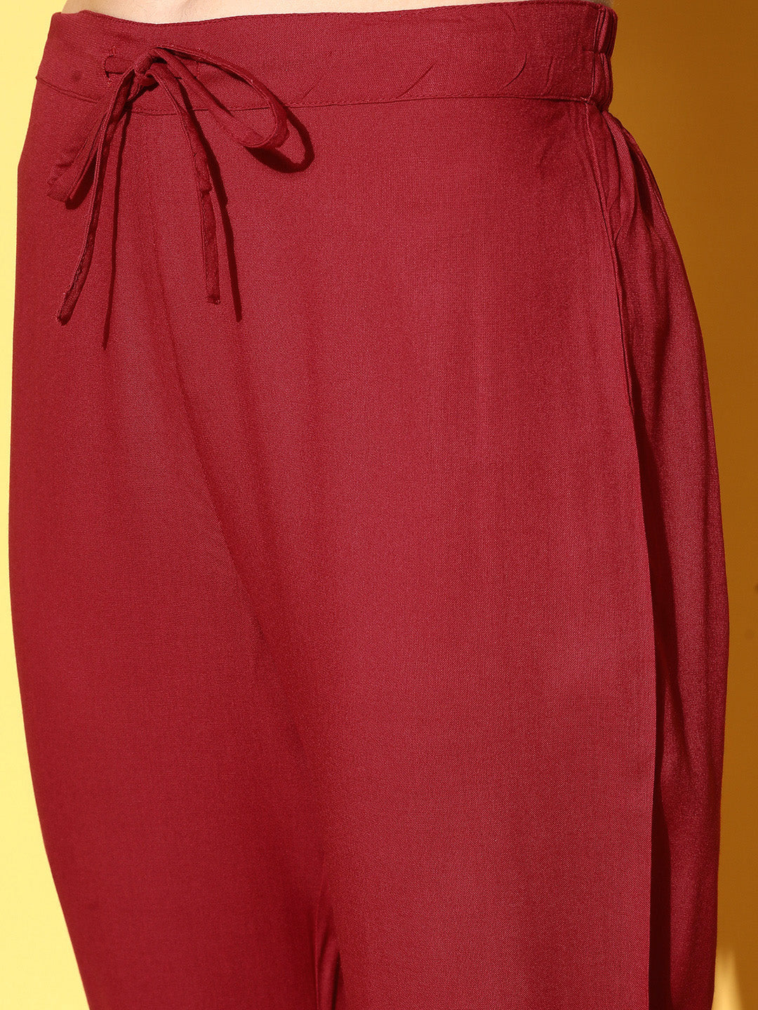 Ishin Women's Rayon Maroon Foil Printed A-Line Kurta Trouser Dupatta Set