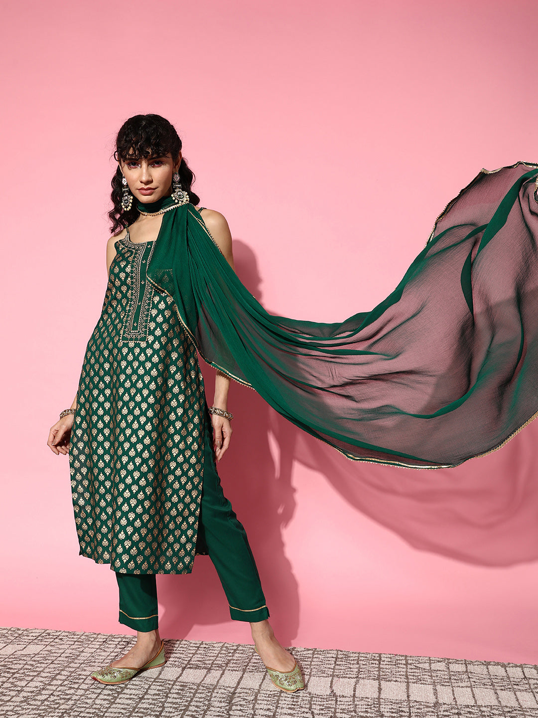 Ishin Women's Rayon Green Foil Printed A-Line Kurta Trouser Dupatta Set