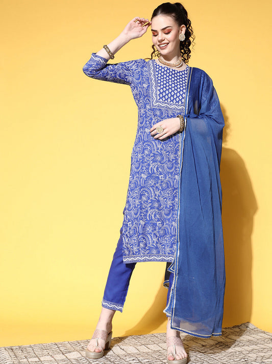 Ishin Women's Cotton Blue Embroidered A-Line Kurta Trouser Dupatta Set