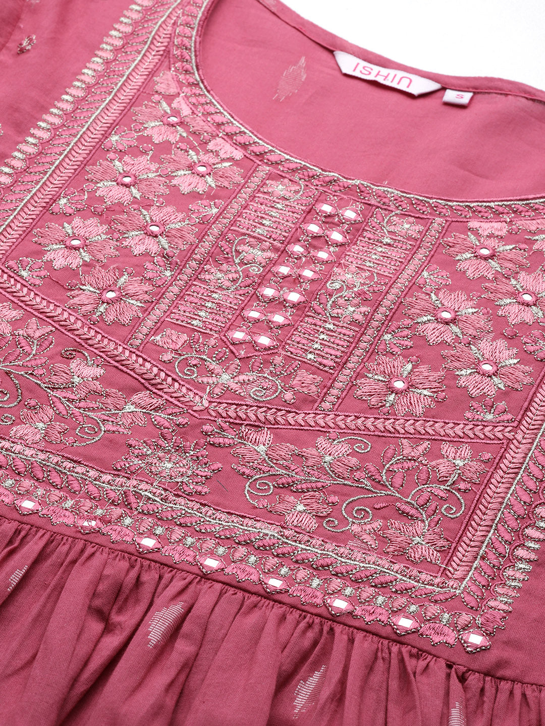 Ishin Women's Muave Floral Yoke Design Flared Kurta Set with Pants & with Dupatta