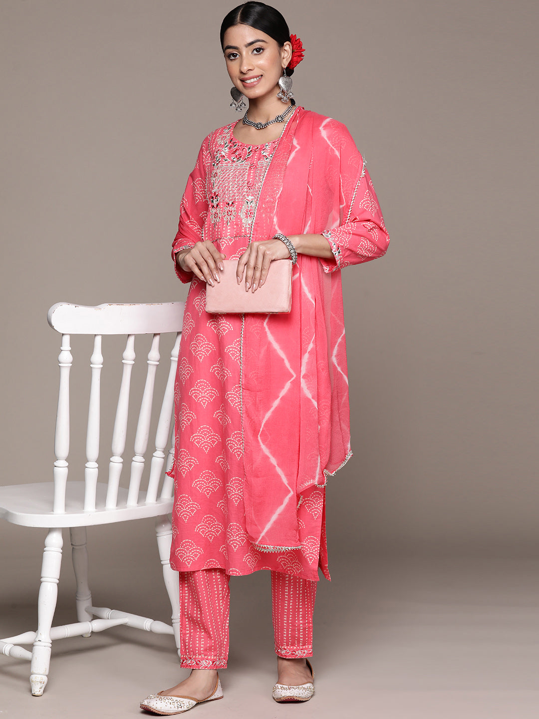 Ishin Women's Pink Embroidered Regular Gotta Patti Kurta Set with Pants & with Dupatta